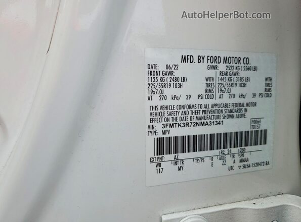 3FMTK3R72NMA31341 2022 FORD MUSTANG MACH-E PREMI White Widok wnętrza 360 stopni