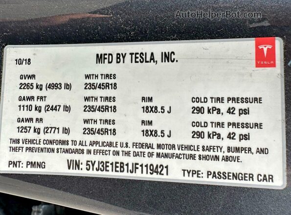 5YJ3E1EB1JF119421 2018 TESLA MODEL Серый Вид задней части салона