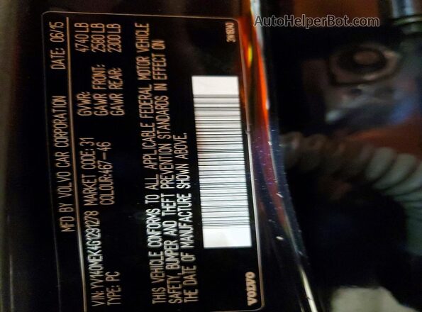 YV140MEK4G1291278 2016 VOLVO V60 Черный Вид наклейки с VIN-кодом