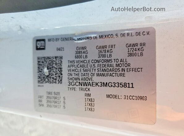 3GCNWAEK3MG335811 2021 CHEVROLET ALL MODELS Белый Вид наклейки с VIN-кодом