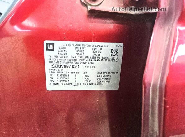 2GKFLPE38G6132944 2016 GMC TERRAIN Красный Панорамный вид салона 360°