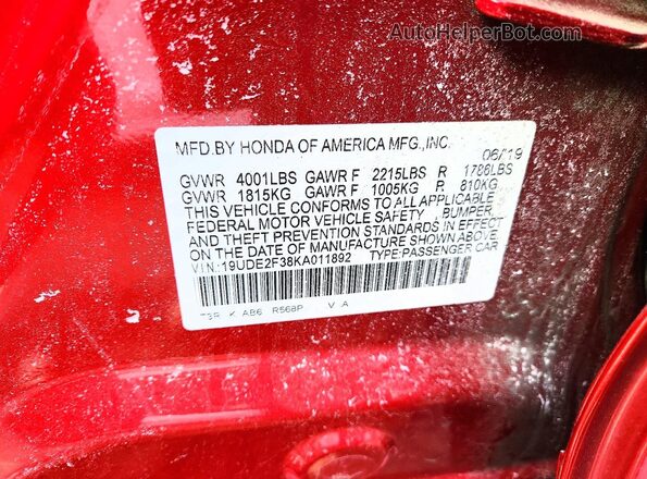 19UDE2F38KA011892 2019 ACURA ILX Красный Вид подкапотного пространства