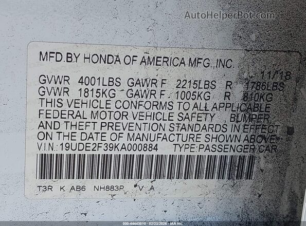 19UDE2F39KA000884 2019 ACURA ILX Белый Вид подкапотного пространства