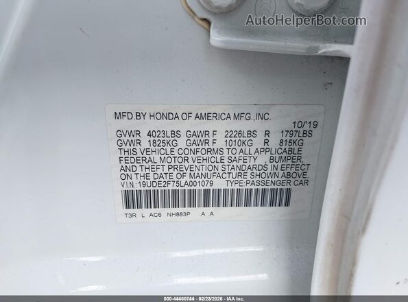 19UDE2F75LA001079 2020 ACURA ILX White Вид підкапотного простору