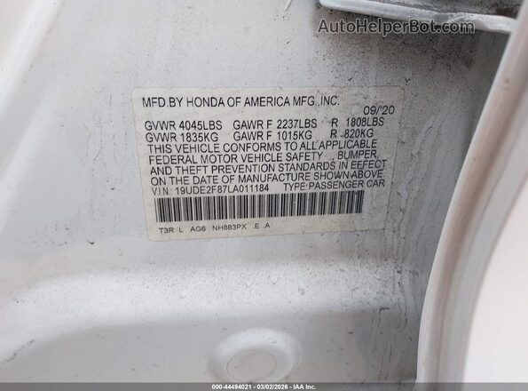 19UDE2F87LA011184 2020 ACURA ILX White Widok komory silnika
