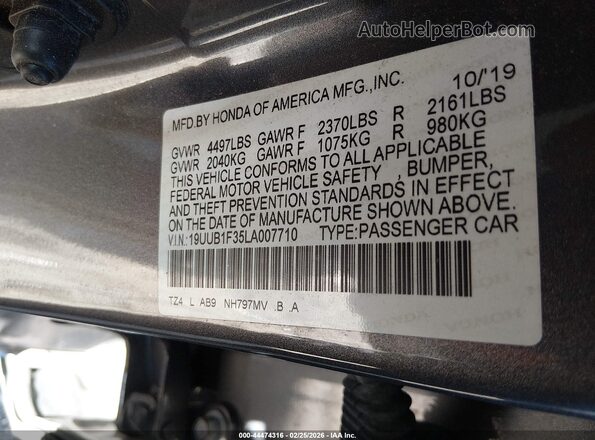 19UUB1F35LA007710 2020 ACURA TLX Серый Вид подкапотного пространства