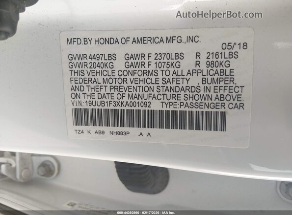 19UUB1F3XKA001092 2019 ACURA TLX White Widok komory silnika