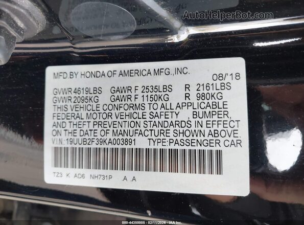 19UUB2F39KA003891 2019 ACURA TLX Черный Вид подкапотного пространства