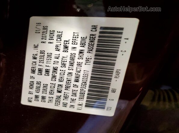 19UUB2F55GA005517 2016 ACURA TLX Red Widok naklejki z numerem VIN