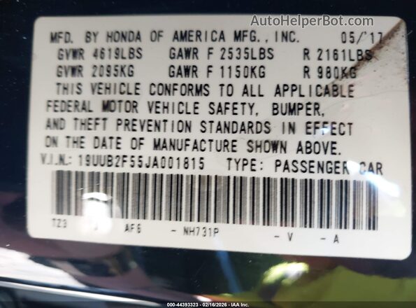19UUB2F55JA001815 2018 ACURA TLX Черный Вид подкапотного пространства