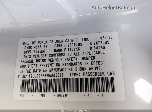 19UUB2F58HA000510 2017 ACURA TLX Белый Вид подкапотного пространства