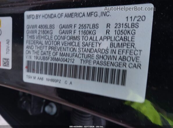 19UUB5F36MA004212 2021 ACURA TLX Черный Вид подкапотного пространства