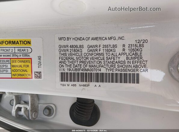 19UUB5F45MA007014 2021 ACURA TLX White Engine compartment view