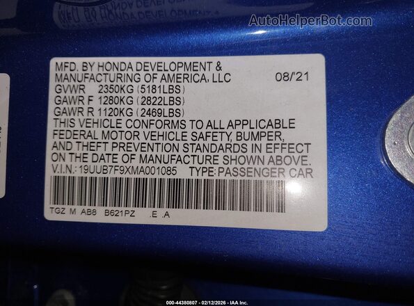 19UUB7F9XMA001085 2021 ACURA TLX Blue Vista del compartimento del motor
