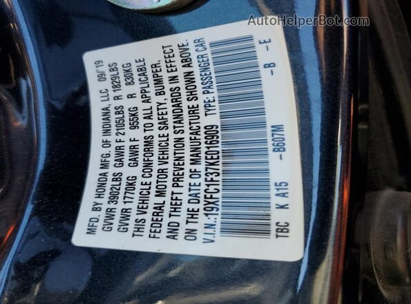 19XFC1F37KE016909 2019 HONDA CIVIC Blue Engine compartment view