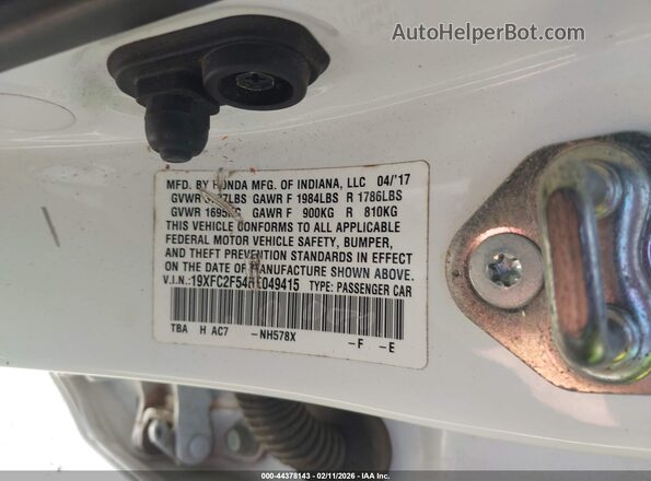 19XFC2F54HE049415 2017 HONDA CIVIC White Widok komory silnika