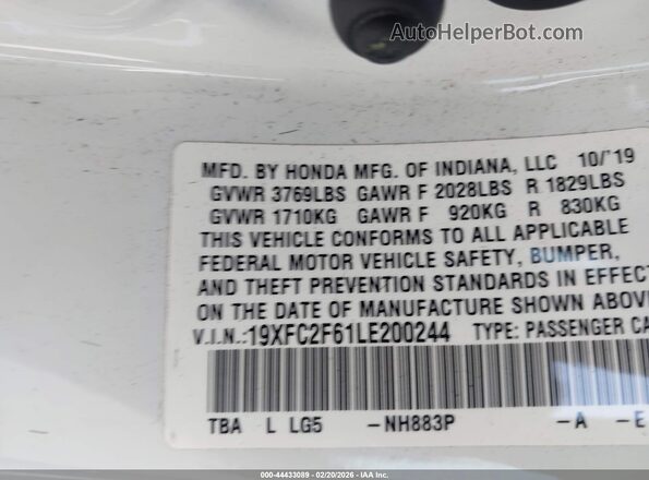 19XFC2F61LE200244 2020 HONDA CIVIC Белый Вид подкапотного пространства