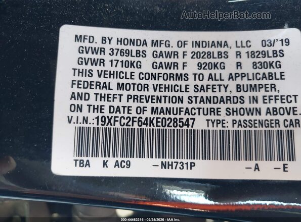 19XFC2F64KE028547 2019 HONDA CIVIC Черный Вид подкапотного пространства