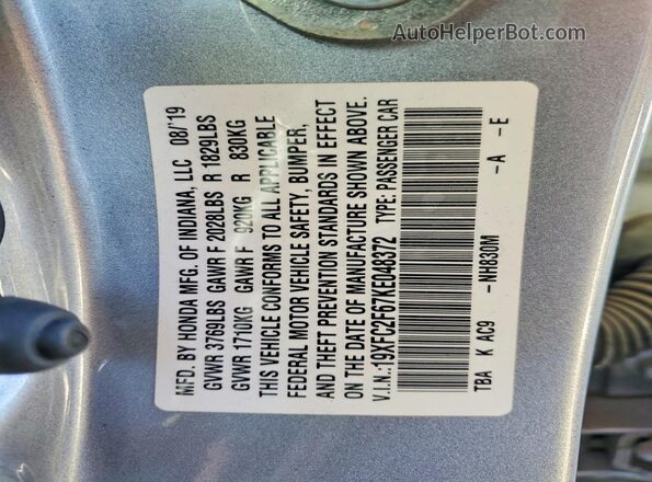 19XFC2F67KE048372 2019 HONDA CIVIC Silver VIN sticker view