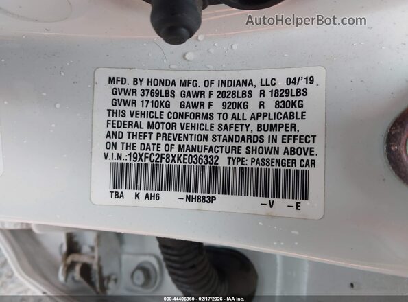 19XFC2F8XKE036332 2019 HONDA CIVIC Белый Вид подкапотного пространства