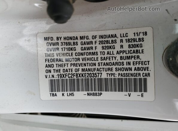 19XFC2F8XKE203577 2019 HONDA CIVIC White Engine compartment view