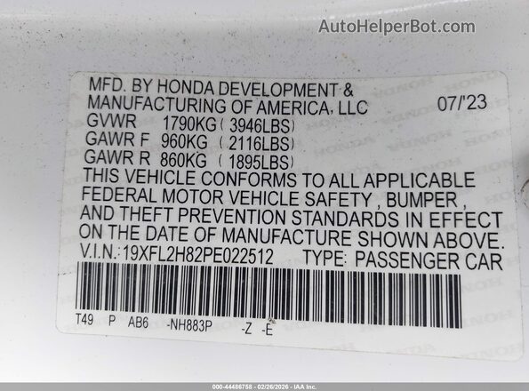 19XFL2H82PE022512 2023 HONDA CIVIC White Widok komory silnika
