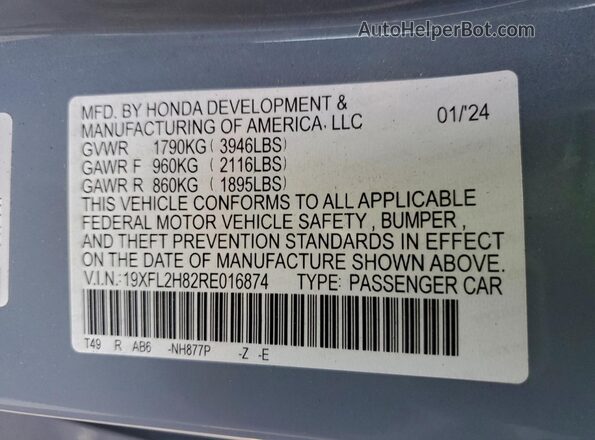 19XFL2H82RE016874 2024 HONDA CIVIC Серый Вид наклейки с VIN-кодом
