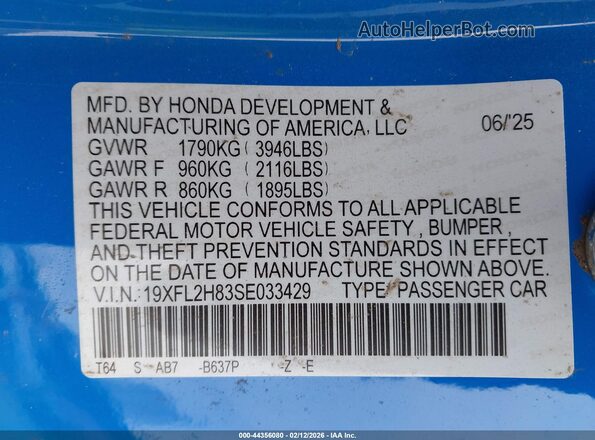 19XFL2H83SE033429 2025 HONDA CIVIC SEDAN Синий Вид подкапотного пространства
