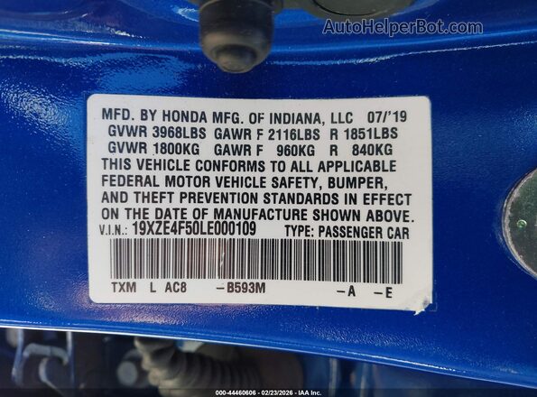 19XZE4F50LE000109 2020 HONDA INSIGHT Синий Вид подкапотного пространства