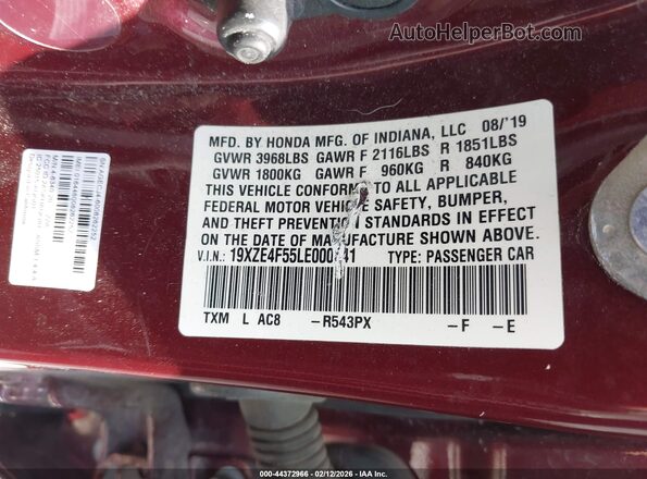 19XZE4F55LE000641 2020 HONDA INSIGHT Burgundy Widok komory silnika