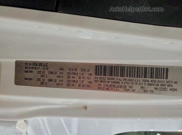 1C4HJXEN6LW230169 2020 JEEP WRANGLER Белый Вид наклейки с VIN-кодом