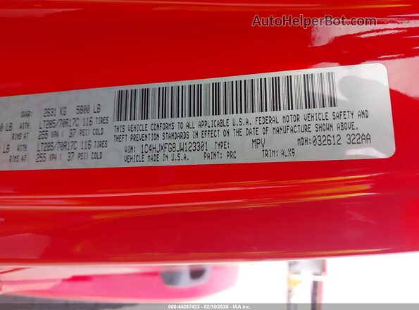 1C4HJXFG8JW123301 2018 JEEP WRANGLER UNLIMITED Red Widok komory silnika