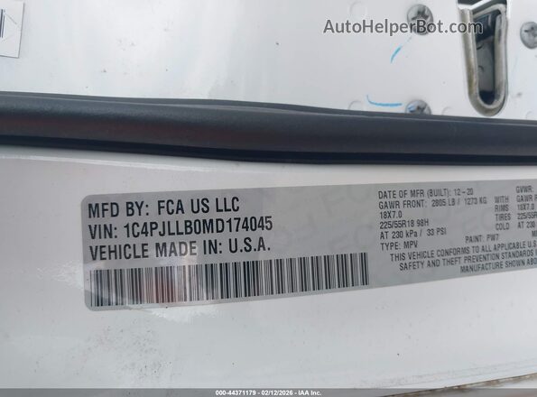 1C4PJLLB0MD174045 2021 JEEP CHEROKEE Белый Вид подкапотного пространства