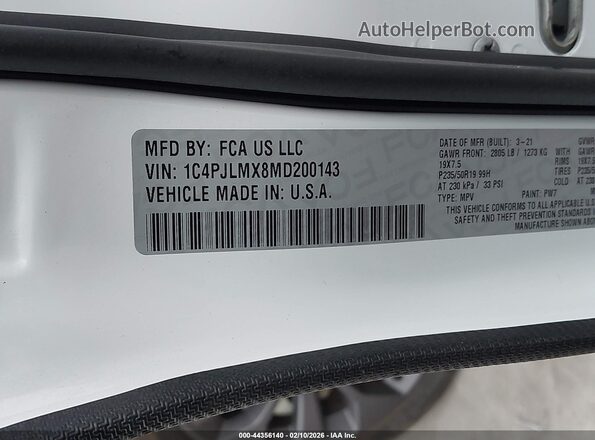 1C4PJLMX8MD200143 2021 JEEP CHEROKEE Белый Вид подкапотного пространства