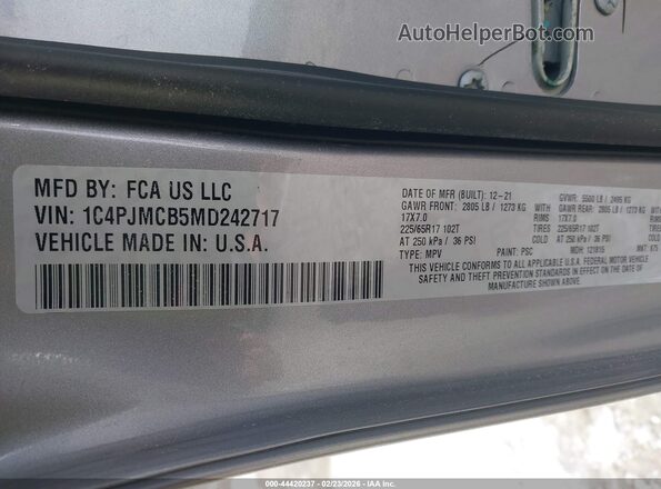 1C4PJMCB5MD242717 2021 JEEP CHEROKEE Серый Вид подкапотного пространства