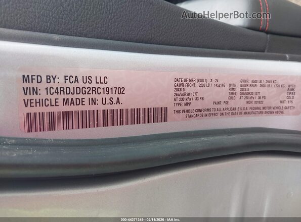 1C4RDJDG2RC191702 2024 DODGE DURANGO Серый Вид подкапотного пространства