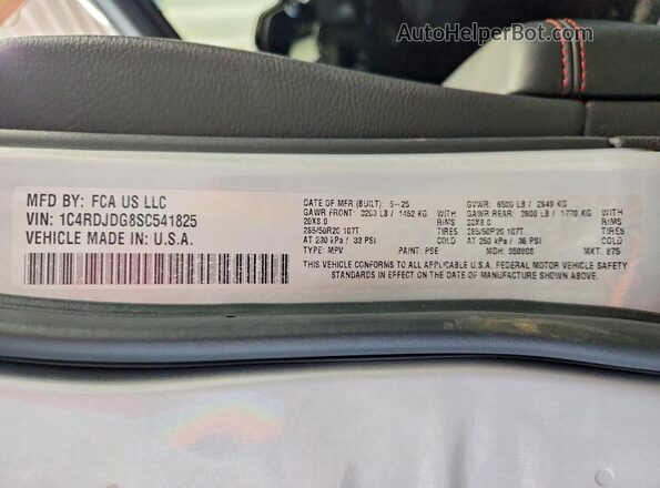 1C4RDJDG8SC541825 2025 DODGE DURANGO Серебряный Вид наклейки с VIN-кодом