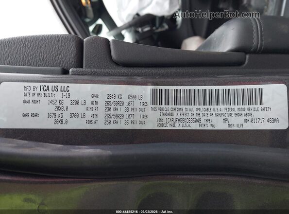 1C4RJFAG8KC635049 2019 JEEP GRAND CHEROKEE Серый Вид подкапотного пространства