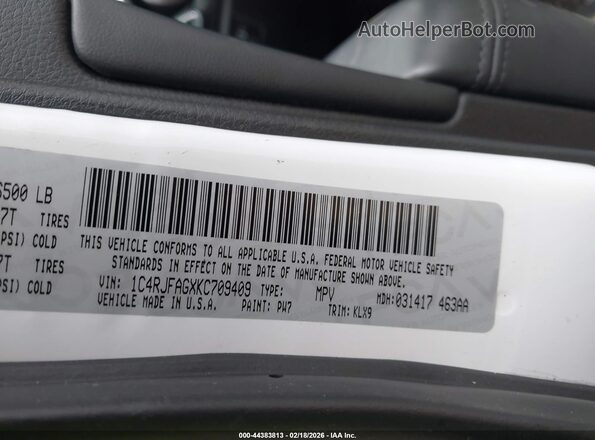 1C4RJFAGXKC709409 2019 JEEP GRAND CHEROKEE White Շարժիչի բաժամունքի տեսք