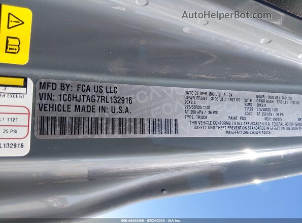 1C6HJTAG7RL132916 2024 JEEP GLADIATOR Серый Вид подкапотного пространства