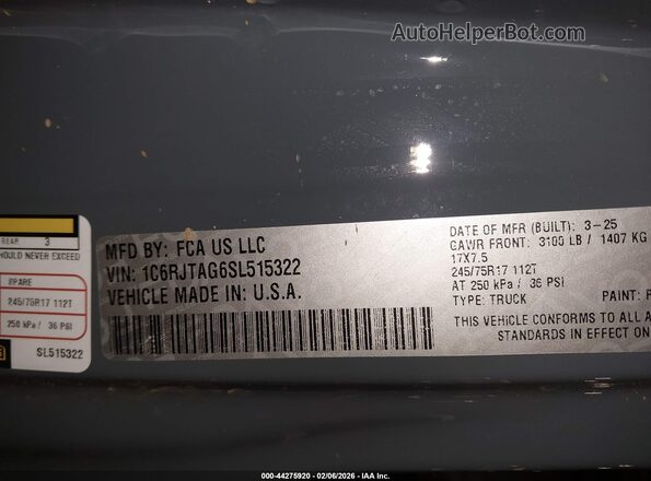 1C6RJTAG6SL515322 2025 JEEP GLADIATOR Серый Вид подкапотного пространства