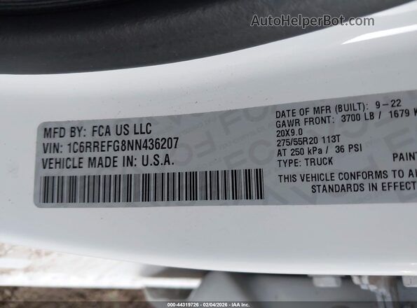 1C6RREFG8NN436207 2022 RAM 1500 Белый Вид подкапотного пространства