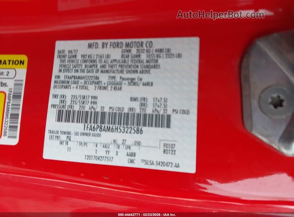 1FA6P8AM6H5322586 2017 FORD MUSTANG Красный Вид подкапотного пространства