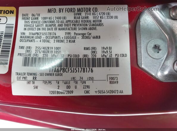 1FA6P8CF5J5178176 2018 FORD MUSTANG Темно-бордовый Вид подкапотного пространства