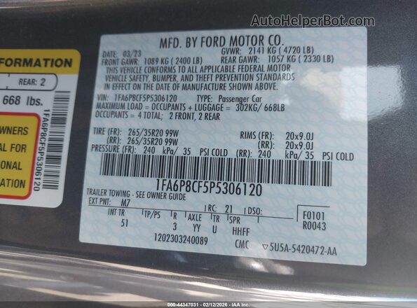 1FA6P8CF5P5306120 2023 FORD MUSTANG Серый Вид подкапотного пространства