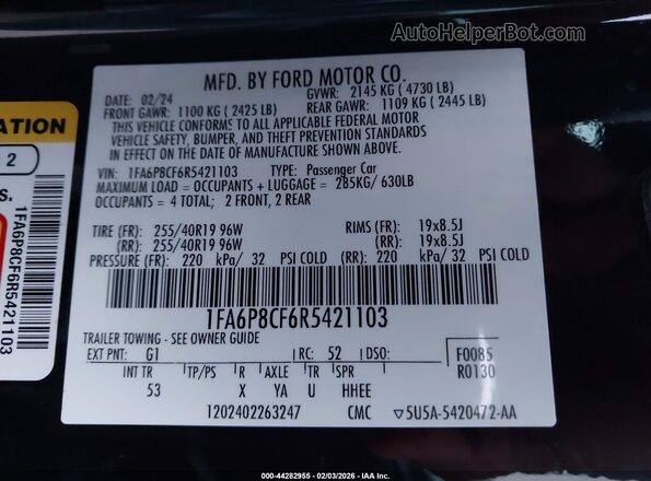 1FA6P8CF6R5421103 2024 FORD MUSTANG Черный Вид подкапотного пространства