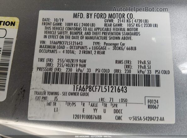 1FA6P8CF7L5121643 2020 FORD MUSTANG Серебряный Вид подкапотного пространства