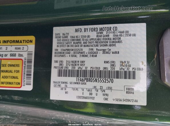 1FA6P8R05N5552570 2022 FORD MUSTANG Green Vista del compartimento del motor