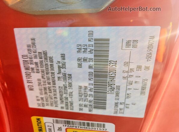 1FA6P8TH4K5201532 2019 FORD MUSTANG Red Widok komory silnika