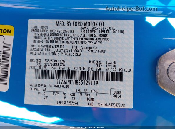 1FA6P8TH8S5129119 2025 FORD MUSTANG Синий Вид подкапотного пространства